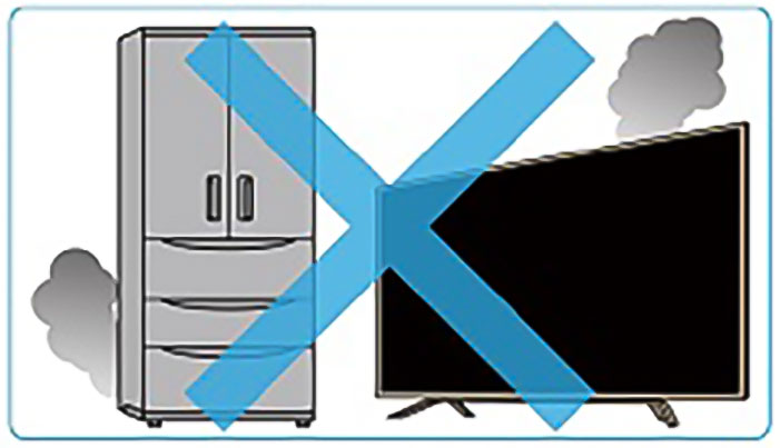 煙が出ている冷蔵庫とテレビの上に大きなバツマークが書かれたイラスト